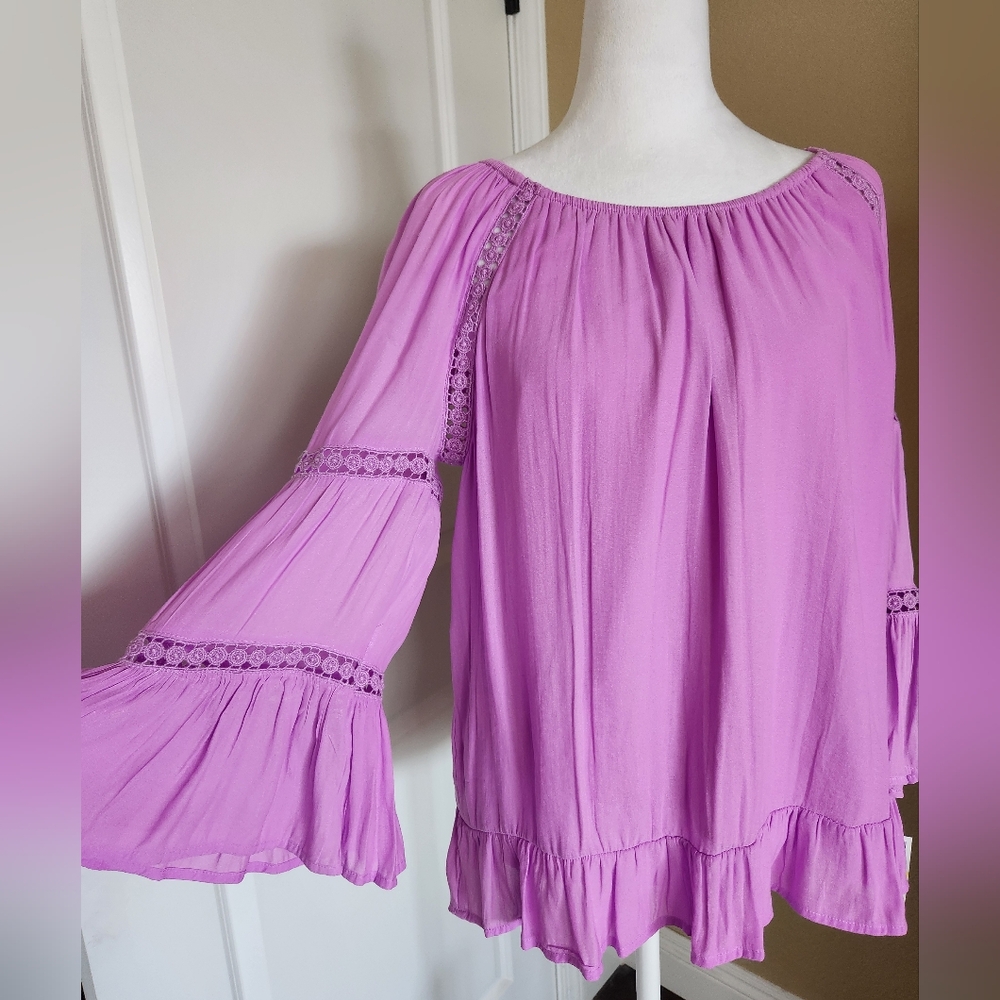 INC International Concepts Women's Ruffled Crochet-Trim Top, Pink,  Size Medium
